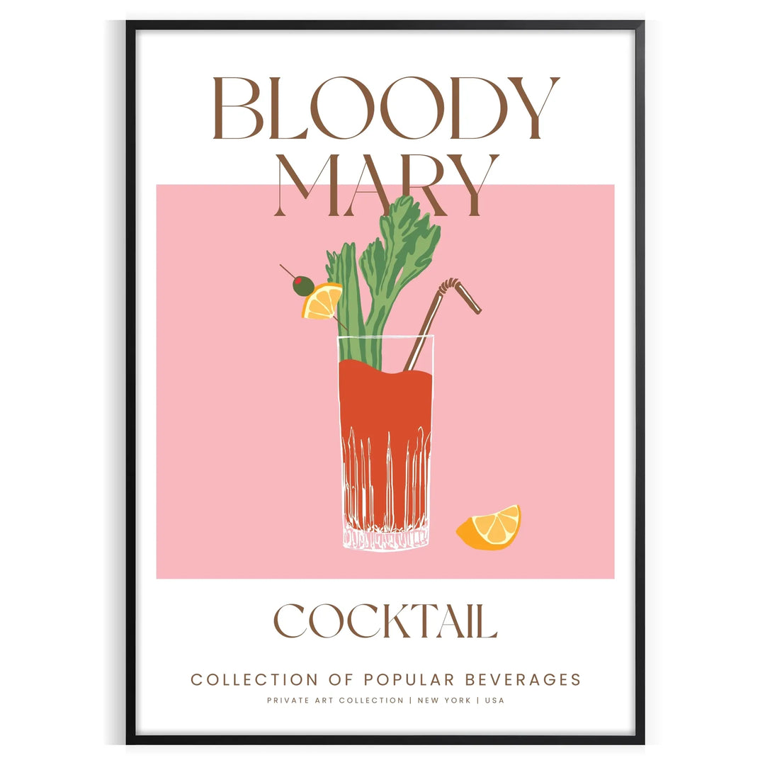 A colorful illustration of a Bloody Mary cocktail with green and orange accents