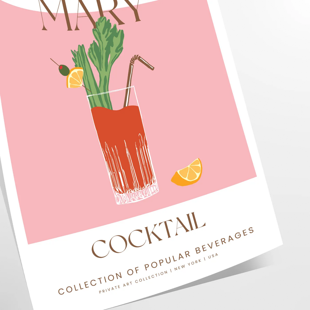 Μια πολύχρωμη απεικόνιση ενός κοκτέιλ Bloody Mary με πράσινες και πορτοκαλί λεπτομέρειες