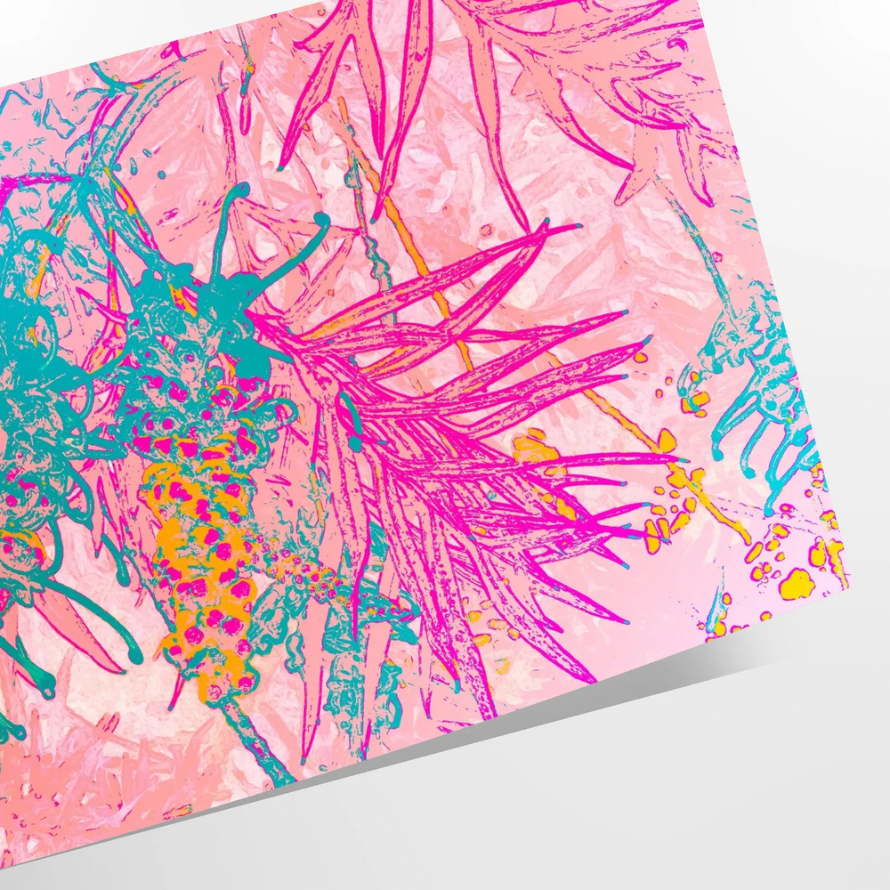 Vintage floral poster featuring orange and blue blossoms against a textured background