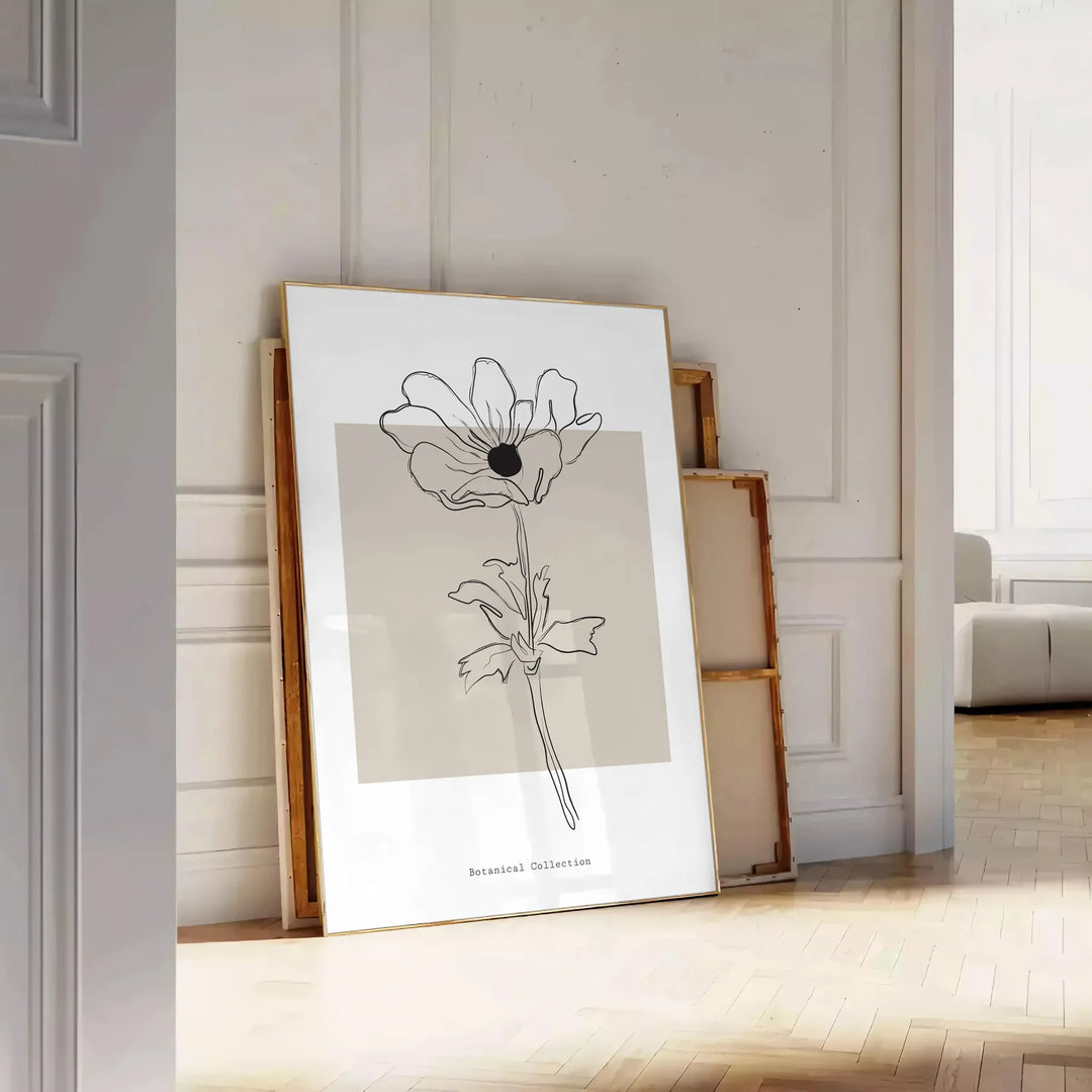 Design floral abstrato com flores laranjas e pretas - encostado num chão de espinha contra uma parede de painéis
