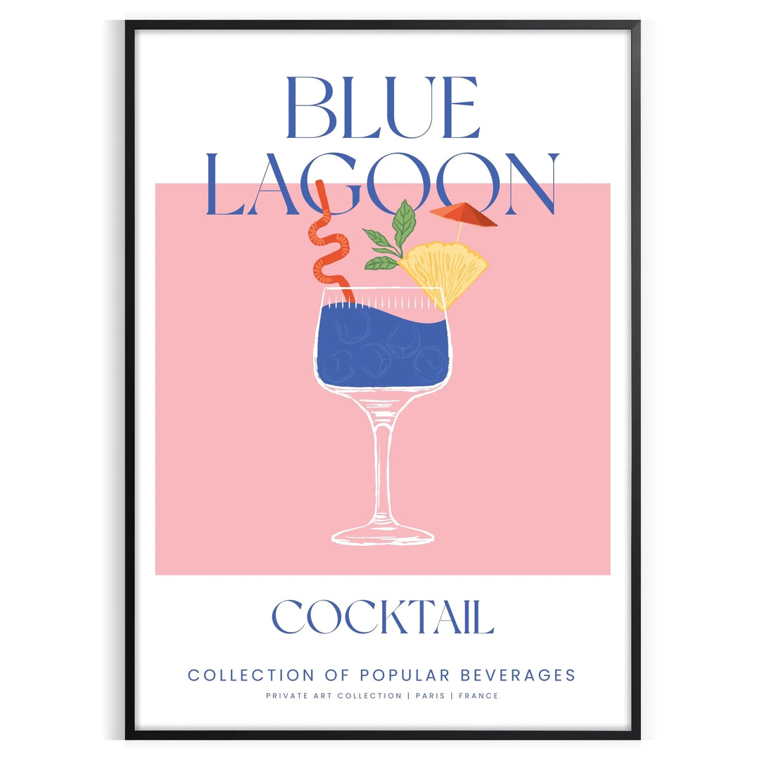 A colorful illustration of a Blue Lagoon cocktail with tropical elements