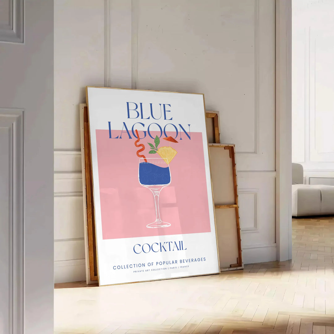 A colorful illustration of a Blue Lagoon cocktail with tropical elements - leaning on a herringbone floor against a white panelled wall