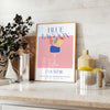 A colorful illustration of a Blue Lagoon cocktail with tropical elements - styled on a counter with eucalyptus and a bowl of lemons