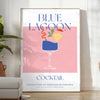 A colorful illustration of a Blue Lagoon cocktail with tropical elements - in a bright minimalist room with a plant and an armchair