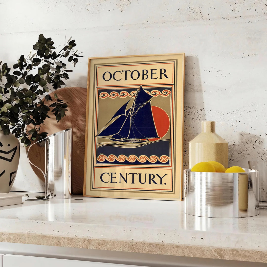 Illustration of a vintage boat against a green and black background - styled on a counter with eucalyptus and a bowl of lemons