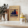 Illustration of a vintage boat against a green and black background - styled on a counter with eucalyptus and a bowl of lemons