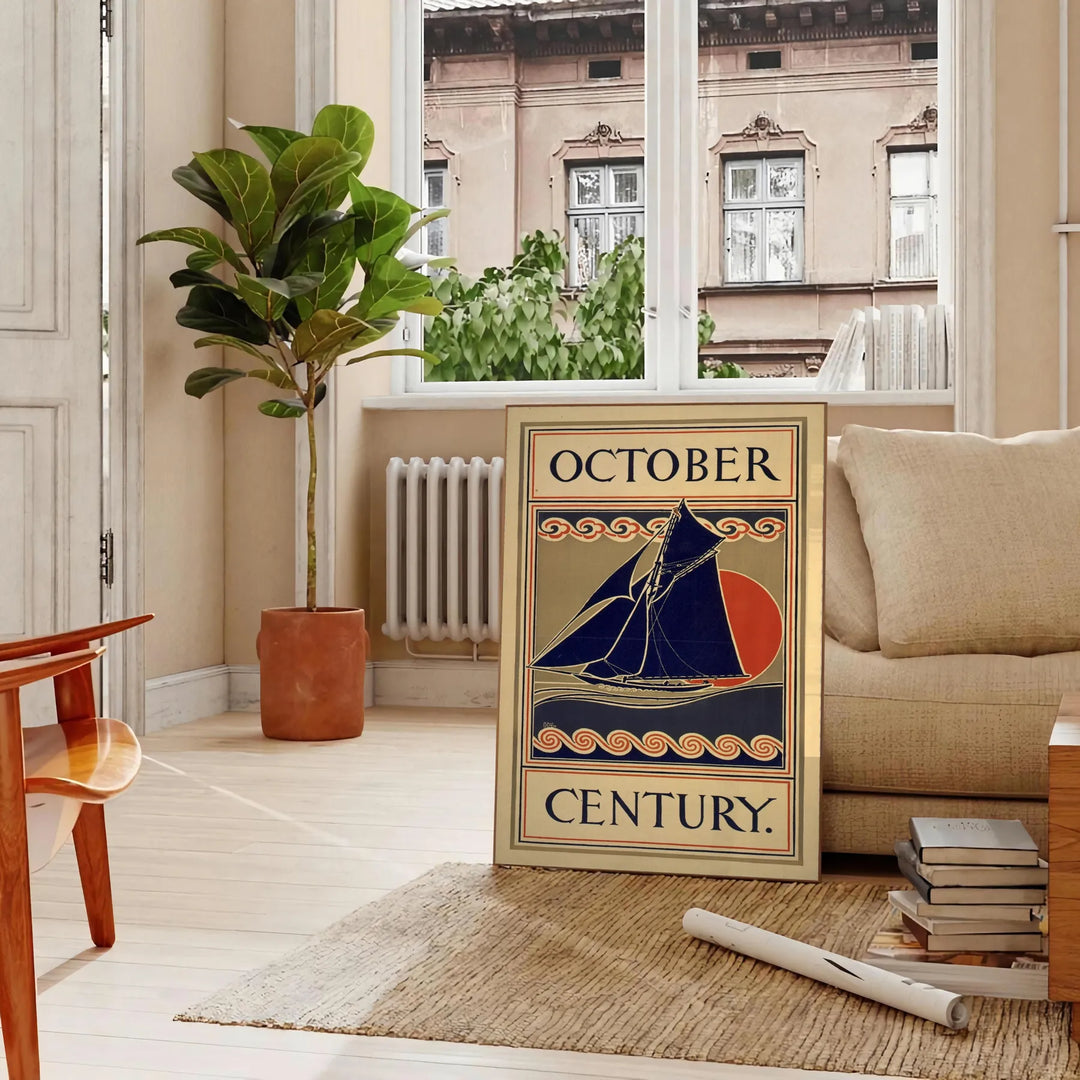 Illustration of a vintage boat against a green and black background - in a Parisian living room with a sofa and a fig plant