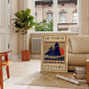 Illustration of a vintage boat against a green and black background - in a Parisian living room with a sofa and a fig plant