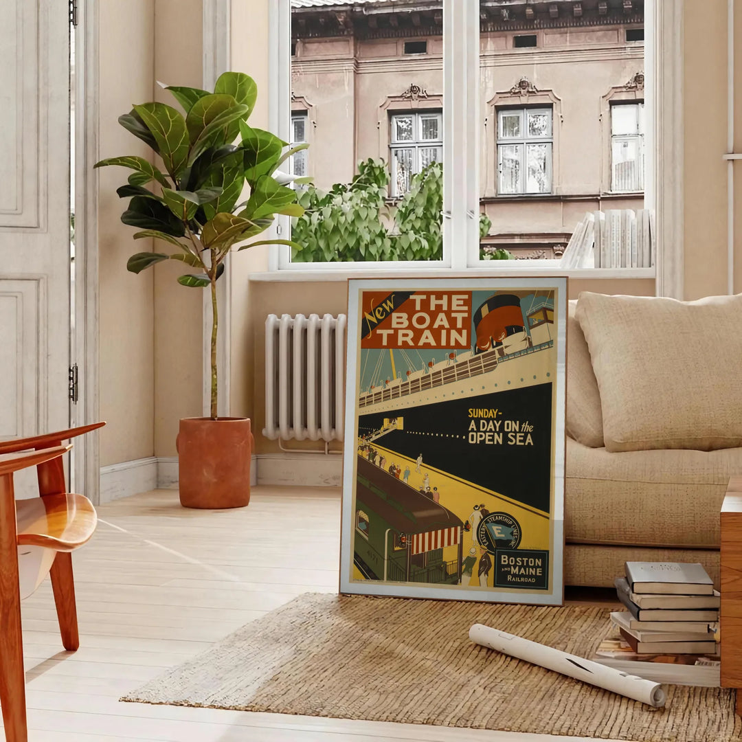 A stylized illustration of a boat sailing through blue waters with black accents - in a Parisian living room with a sofa and a fig plant