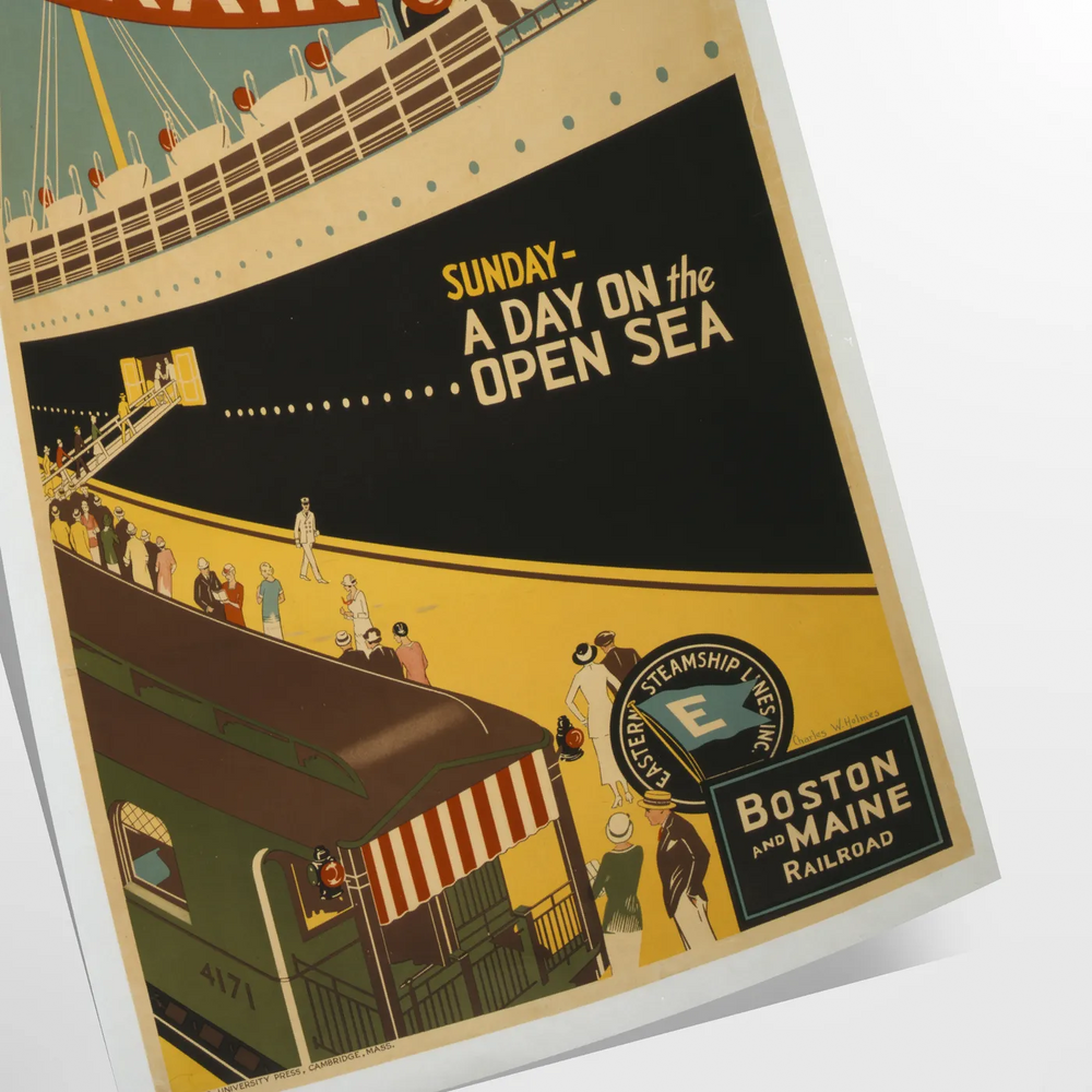 A stylized illustration of a boat sailing through blue waters with black accents