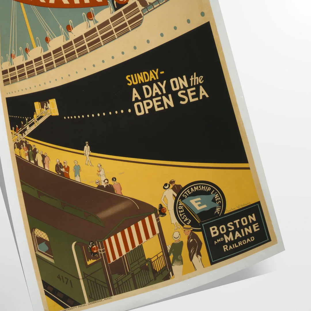 A stylized illustration of a boat sailing through blue waters with black accents - as a rolled, unframed print