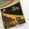 A stylized illustration of a boat sailing through blue waters with black accents - as a rolled, unframed print