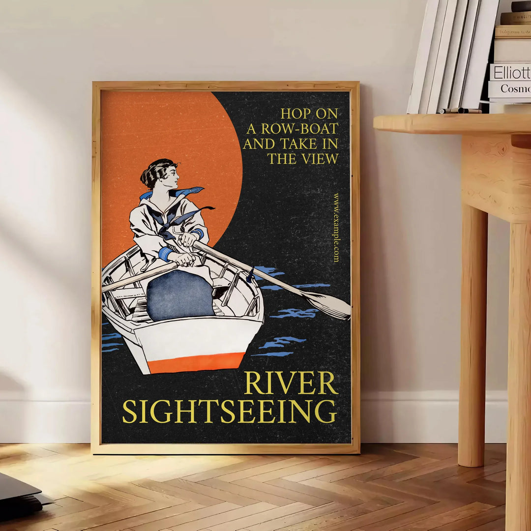 A serene boat sailing on calm waters, with gray and black tones. - beside a round wooden side table with books