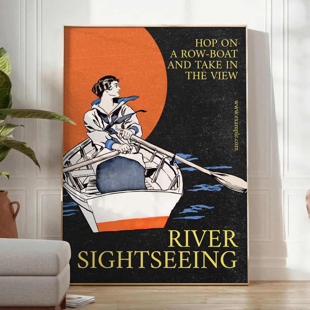 A serene boat sailing on calm waters, with gray and black tones. - in a bright minimalist room with a plant and an armchair