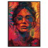 A bohemian-style illustration of women surrounded by celestial elements and earthy tones - in a black frame