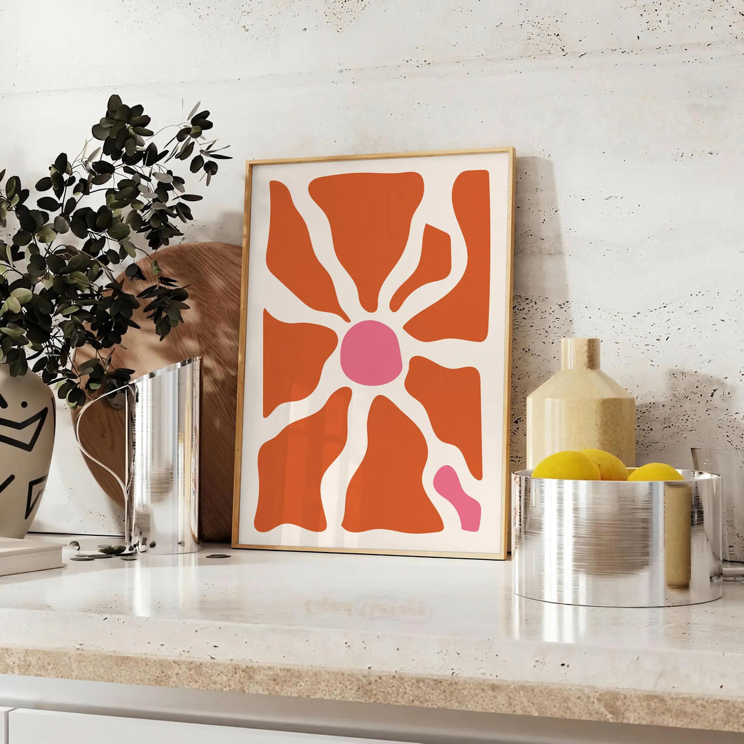 Abstract shapes in warm browns and oranges with a bohemian style - styled on a counter with eucalyptus and a bowl of lemons