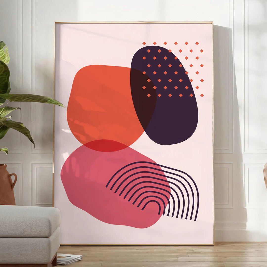 Colorful abstract shapes and patterns in a boho style - in a bright minimalist room with a plant and an armchair