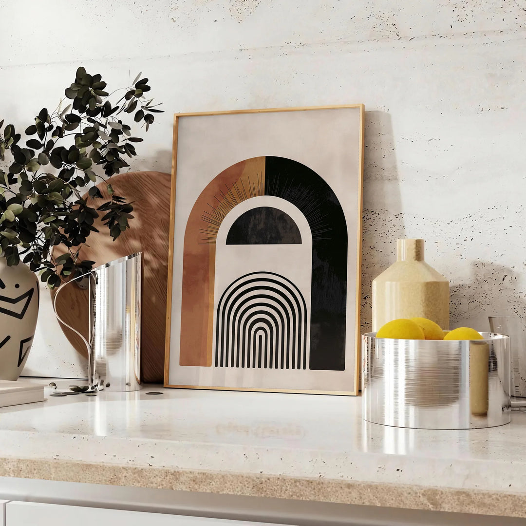 Colorful abstract shapes and patterns in a bohemian style - styled on a counter with eucalyptus and a bowl of lemons