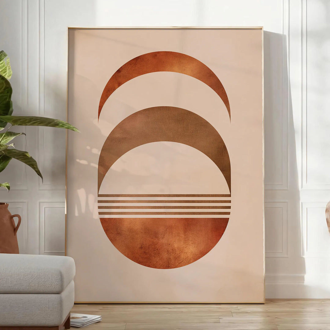 Abstract shapes in earthy browns and greens with a boho style - in a bright minimalist room with a plant and an armchair