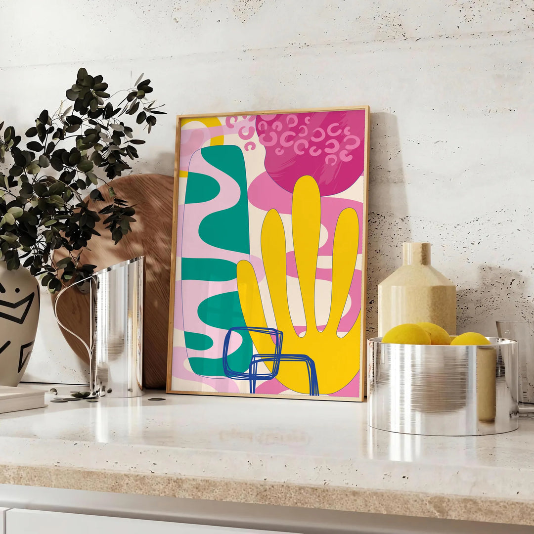 Abstract design with earthy tones and organic shapes - styled on a counter with eucalyptus and a bowl of lemons