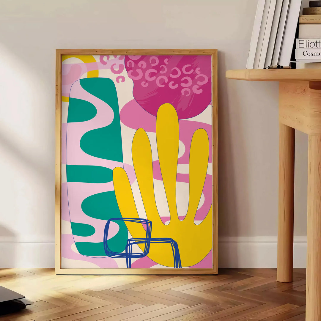Abstract design with earthy tones and organic shapes - beside a round wooden side table with books