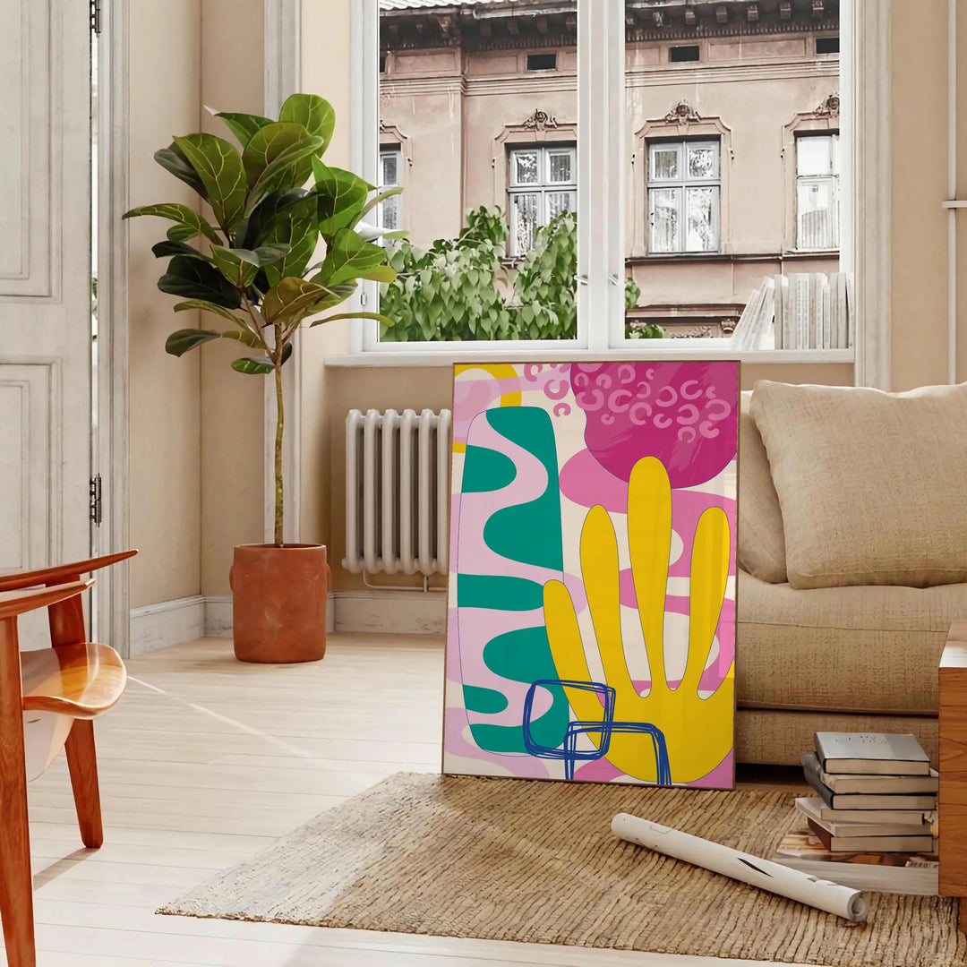 Abstract design with earthy tones and organic shapes - in a Parisian living room with a sofa and a fig plant