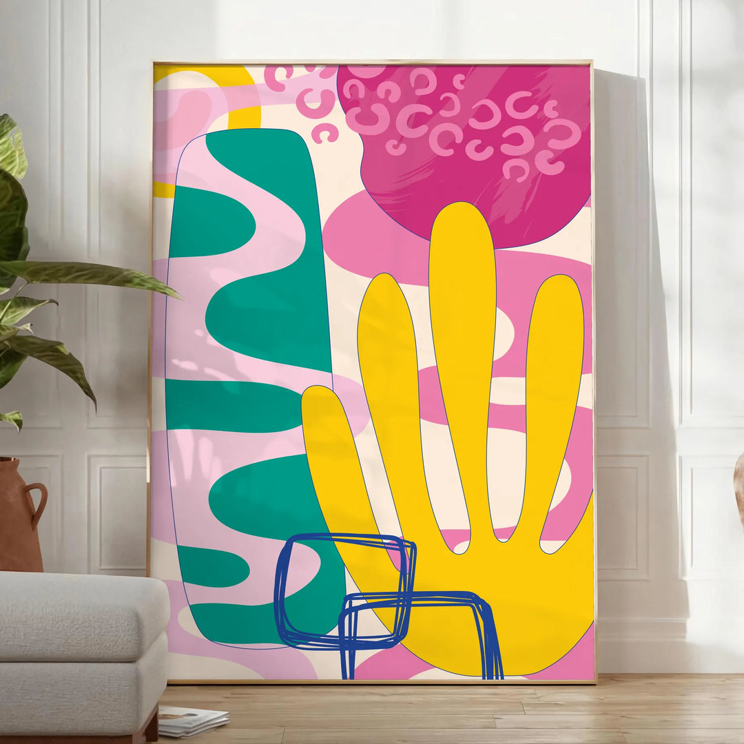 Abstract design with earthy tones and organic shapes - in a bright minimalist room with a plant and an armchair