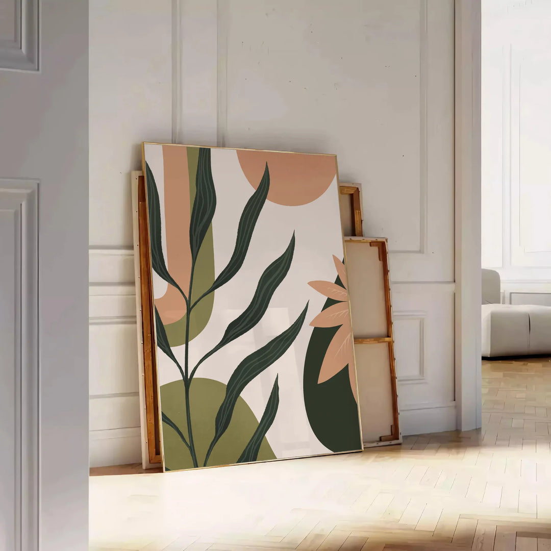 une touche bohème intérieur boho abstrait 42 nuances vibrantes vert orange affiche un cadeau parfait amateurs design formats A4 cm A0 - posée sur un parquet à chevrons contre un mur à moulures