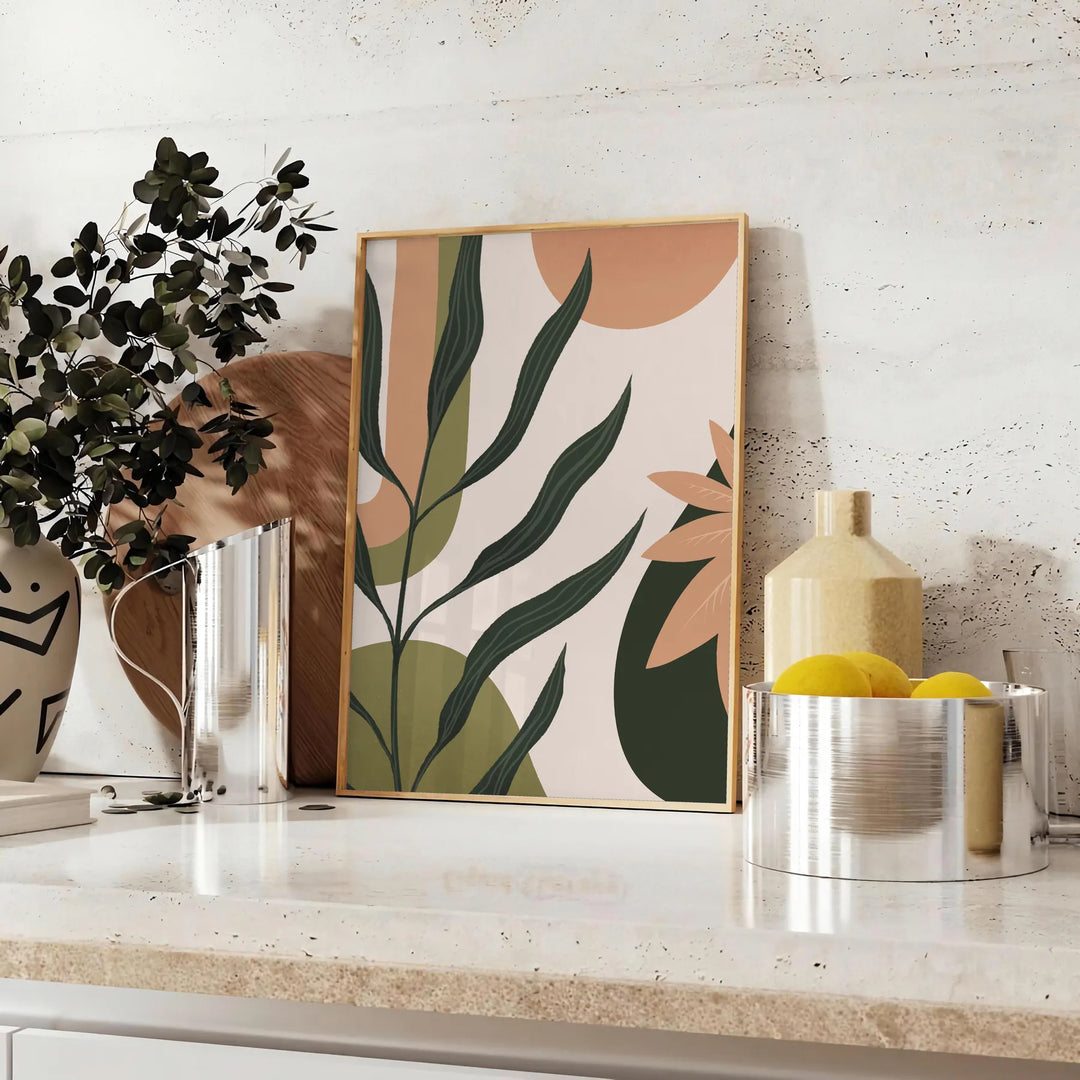 une touche bohème intérieur boho abstrait 42 nuances vibrantes vert orange affiche un cadeau parfait amateurs design formats A4 cm A0 - sur un plan de travail avec eucalyptus et coupe de citrons