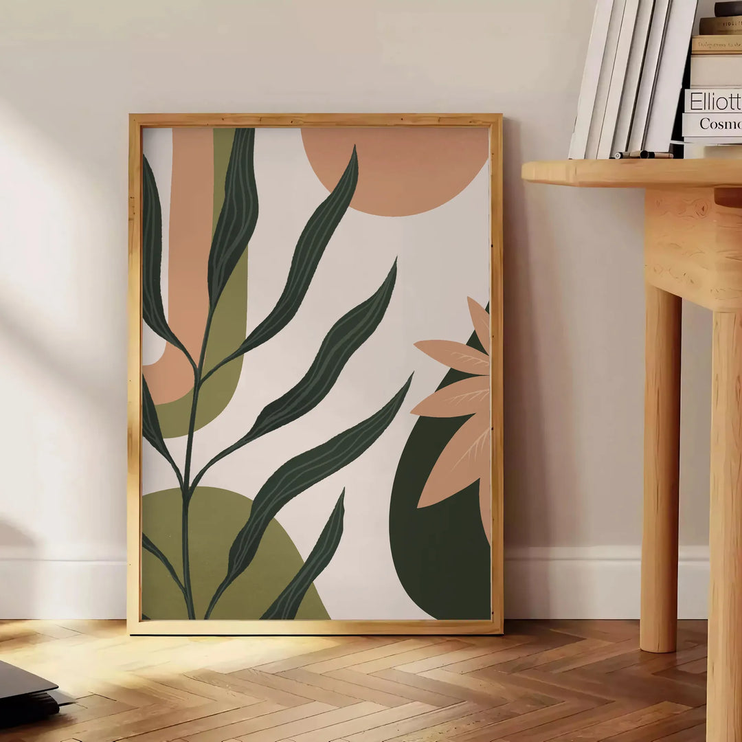 une touche bohème intérieur boho abstrait 42 nuances vibrantes vert orange affiche un cadeau parfait amateurs design formats A4 cm A0 - à côté d'une table d'appoint ronde en bois avec des livres