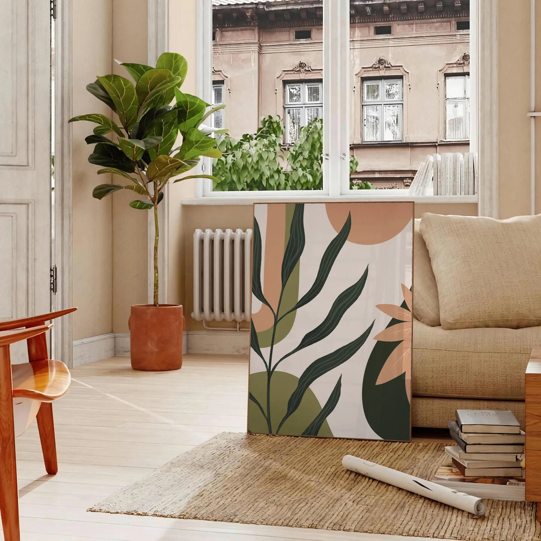 une touche bohème intérieur boho abstrait 42 nuances vibrantes vert orange affiche un cadeau parfait amateurs design formats A4 cm A0 - dans un salon parisien avec canapé et ficus
