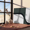 Abstract shapes in gray and green tones with a boho style - leaning on a herringbone floor against a white panelled wall