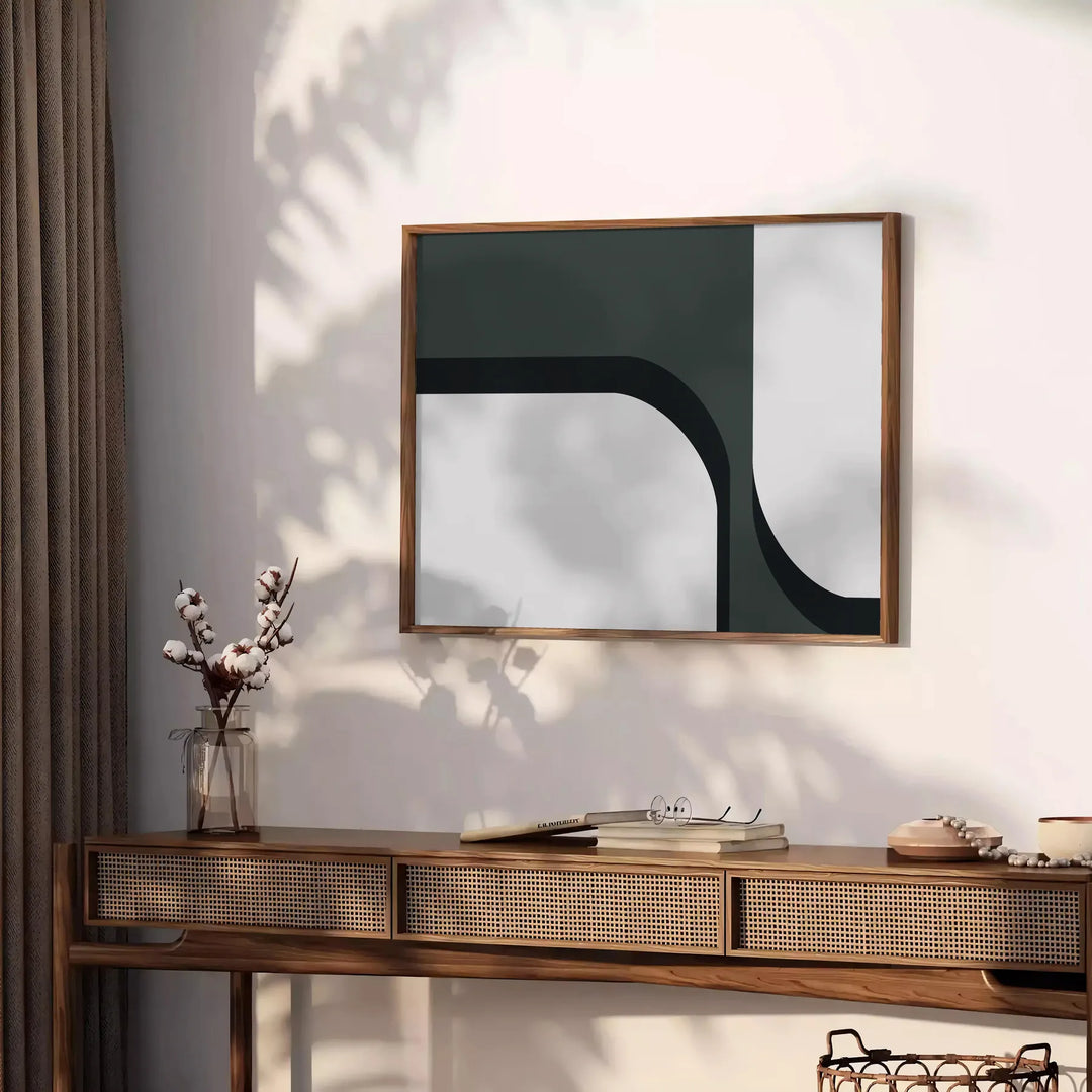 Abstract shapes in gray and green tones with a boho style - styled on a counter with eucalyptus and a bowl of lemons