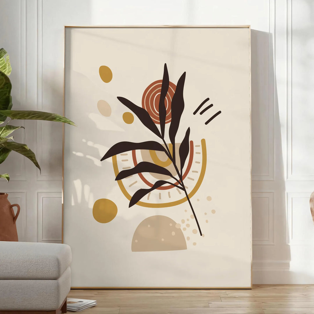 Abstract composition with earthy tones and organic shapes - in a bright minimalist room with a plant and an armchair