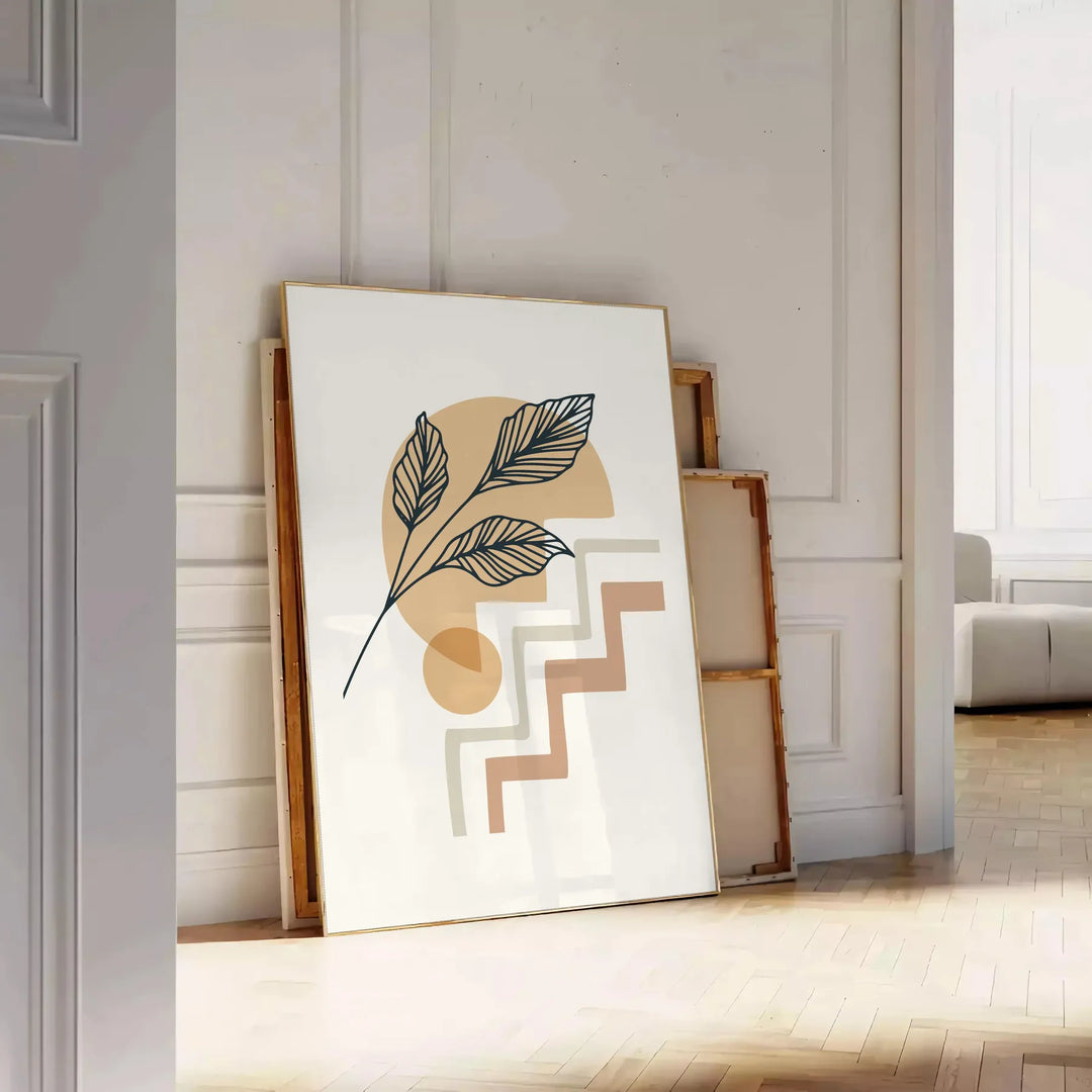 Abstract boho design with earthy tones and flowing shapes - leaning on a herringbone floor against a white panelled wall