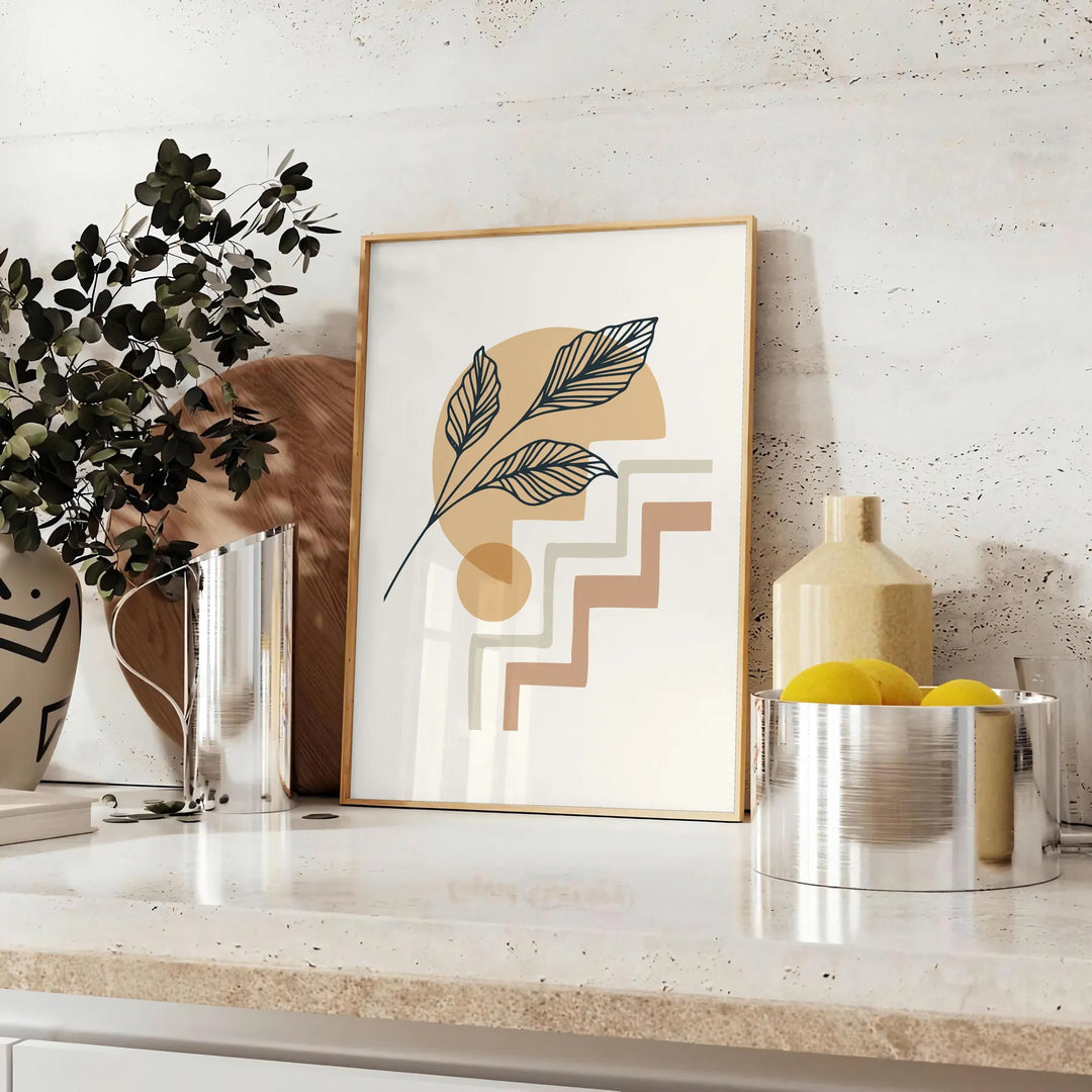 Abstract boho design with earthy tones and flowing shapes - styled on a counter with eucalyptus and a bowl of lemons