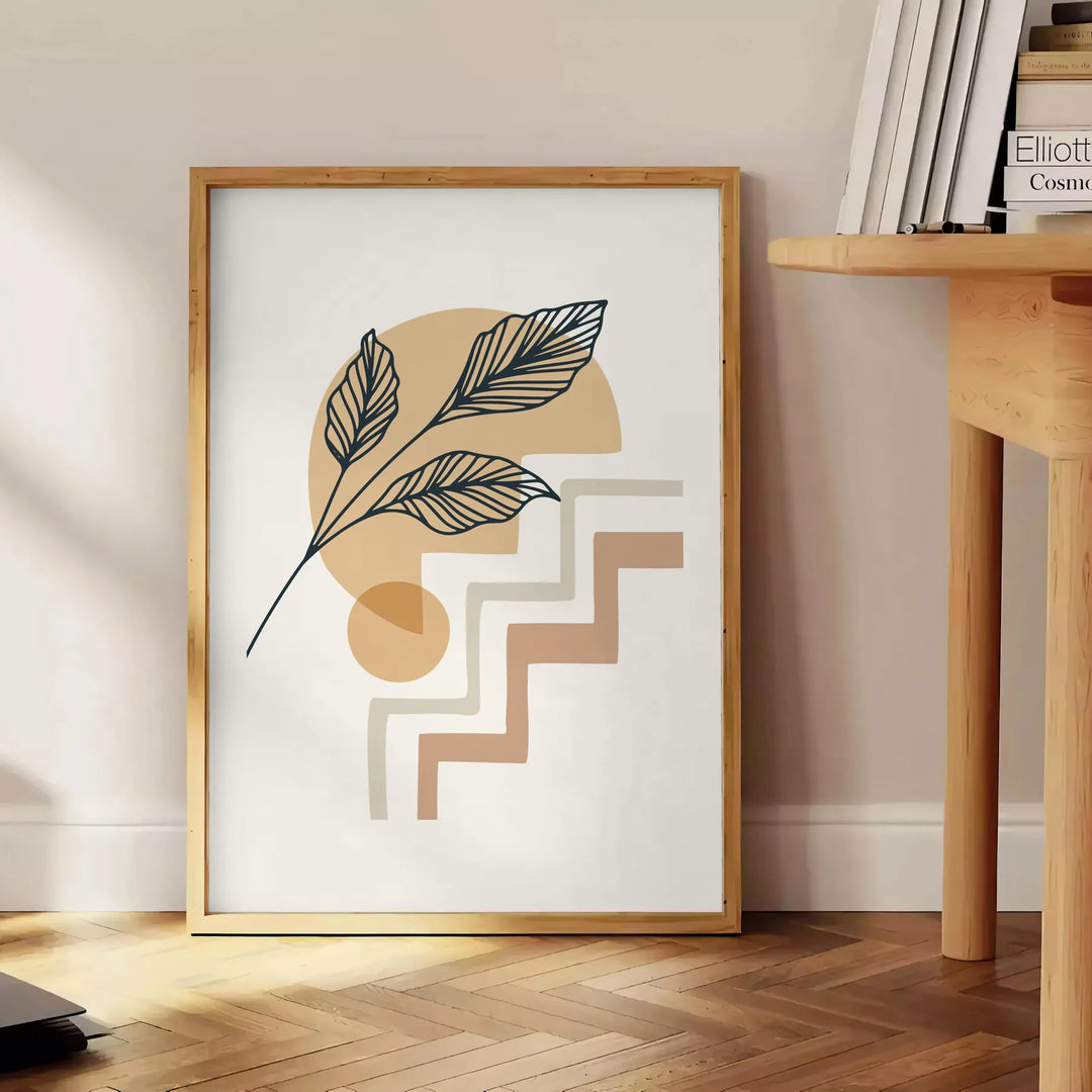 Abstract boho design with earthy tones and flowing shapes - beside a round wooden side table with books