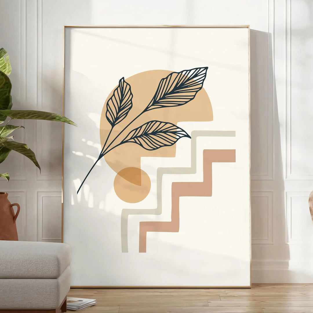 Abstract boho design with earthy tones and flowing shapes - in a bright minimalist room with a plant and an armchair