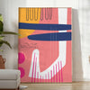 Abstract design featuring orange and blue shapes with a bohemian style - in a bright minimalist room with a plant and an armchair