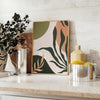 Abstract bohemian design with gray and green tones - styled on a counter with eucalyptus and a bowl of lemons