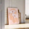 Abstract bohemian design with earthy tones and fluid shapes - leaning on a herringbone floor against a white panelled wall