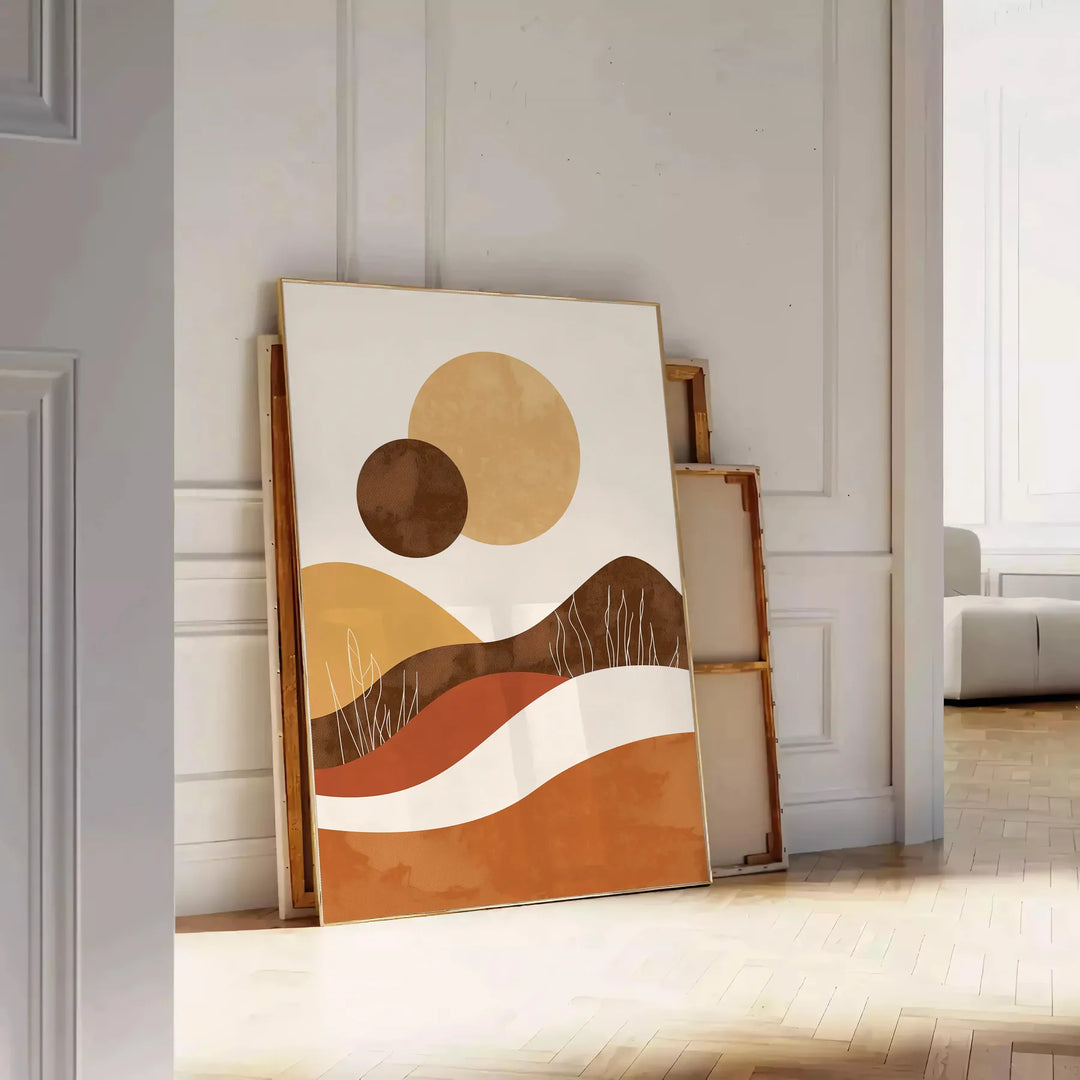 Colorful abstract shapes with bohemian patterns in warm tones - leaning on a herringbone floor against a white panelled wall