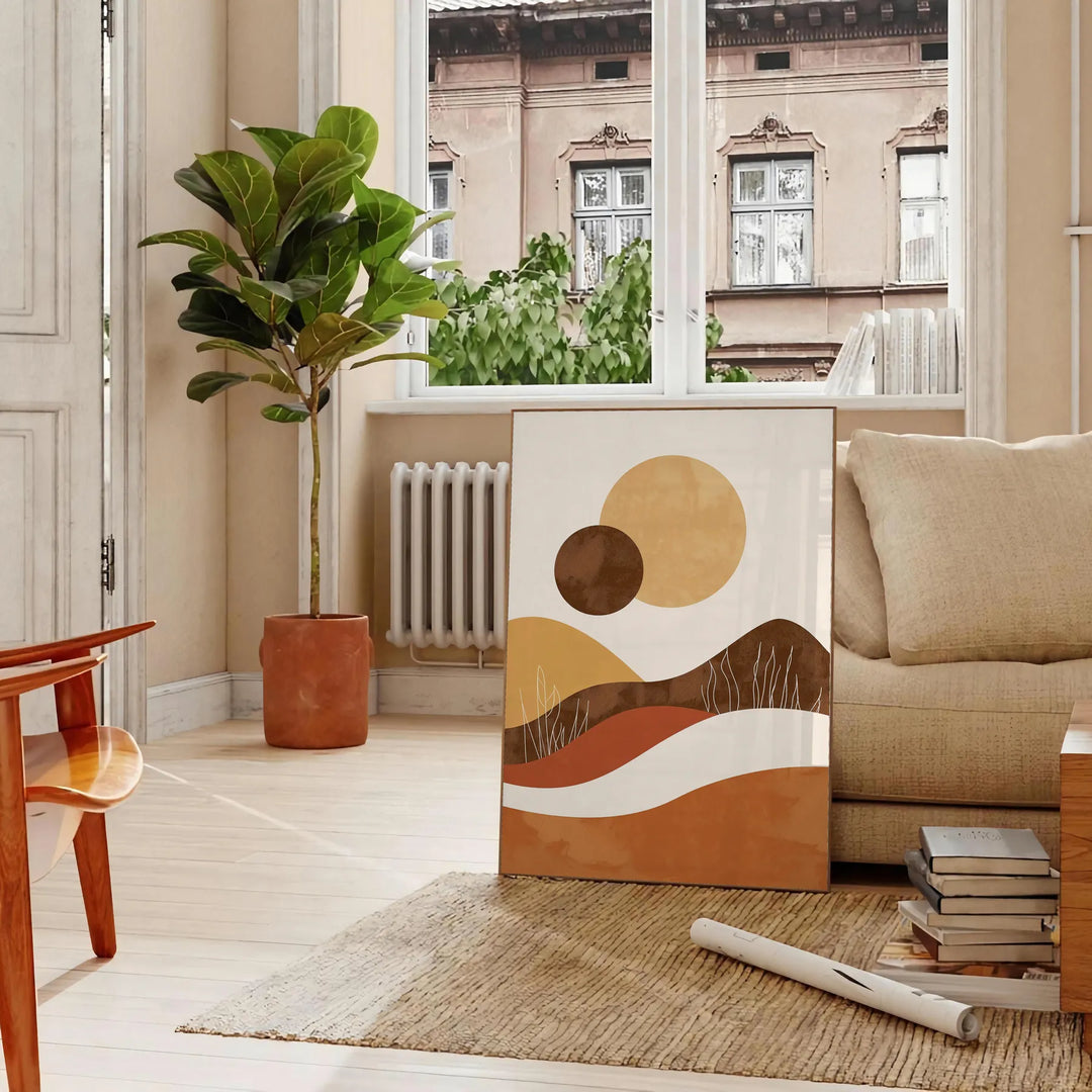 Colorful abstract shapes with bohemian patterns in warm tones - in a Parisian living room with a sofa and a fig plant