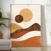 Colorful abstract shapes with bohemian patterns in warm tones - in a bright minimalist room with a plant and an armchair
