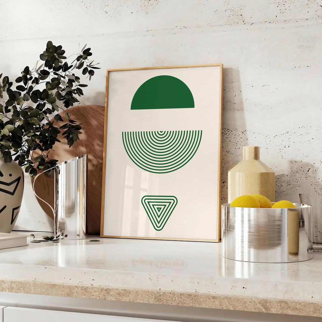 Design abstrato boêmio com tons terrosos e formas fluidas - sobre uma bancada com eucalipto e uma taça de limões