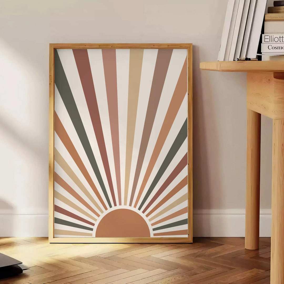 Abstrakcyjny boho design w ziemistych kolorach i płynnych kształtach - obok okrągłego drewnianego stolika z książkami