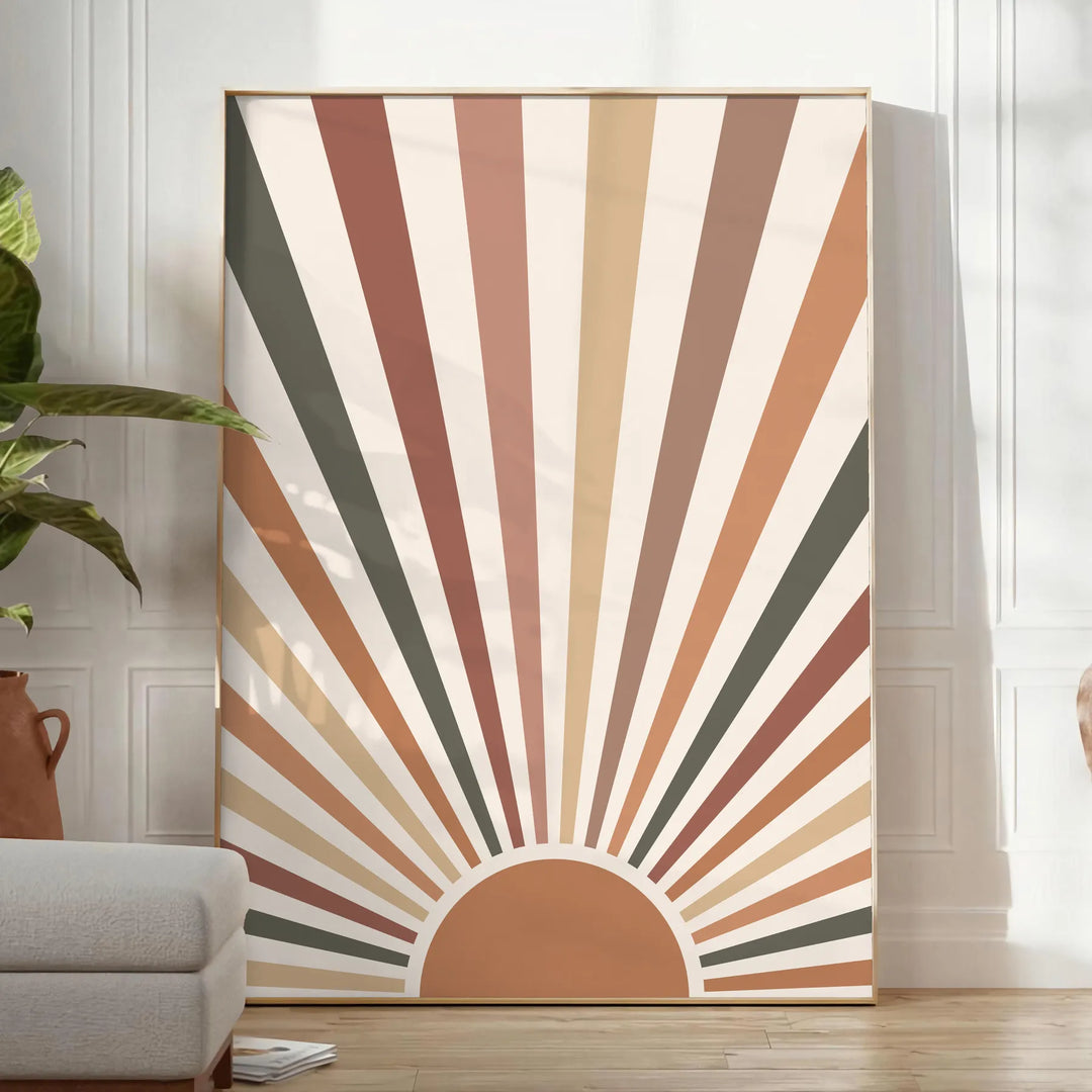 Abstrakcyjny boho design w ziemistych kolorach i płynnych kształtach - w jasnym minimalistycznym pokoju z rośliną i fotelem