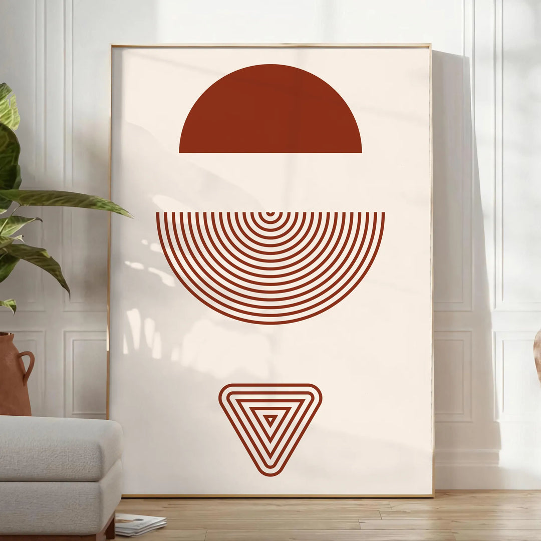 Abstract bohemian design with gray and red hues in a fluid style - in a bright minimalist room with a plant and an armchair