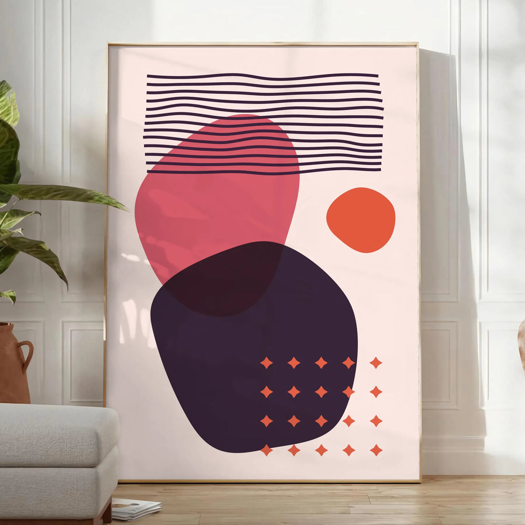 Abstract bohemian design with orange and red hues in a fluid style - in a bright minimalist room with a plant and an armchair