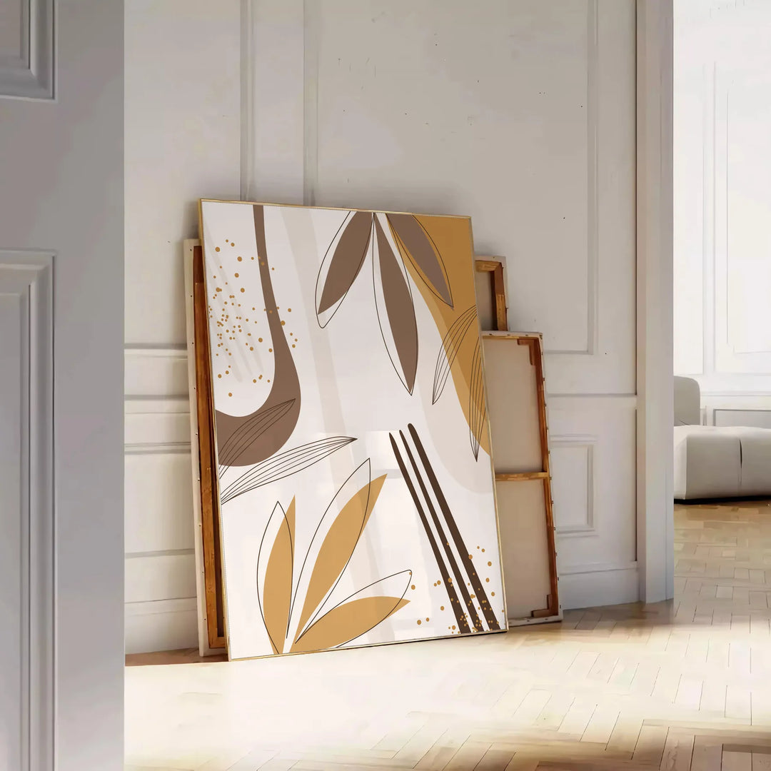 Abstract bohemian design with earthy tones and fluid shapes - leaning on a herringbone floor against a white panelled wall